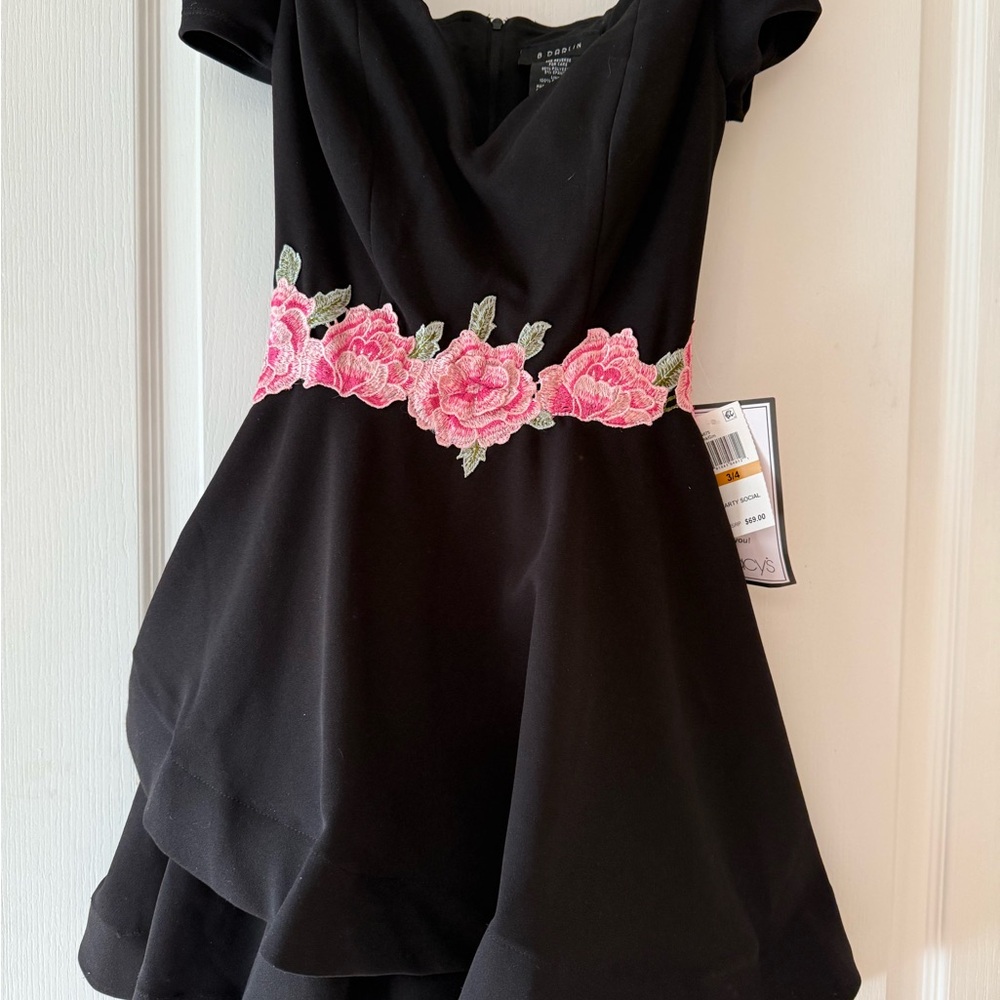 B Darlin Black Dress with Pink Floral Belt